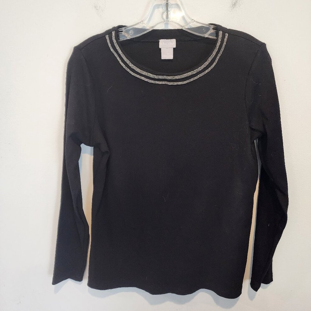 Chico's ribbed tee with caviar beaded neckline, Chico's size 1, EUC